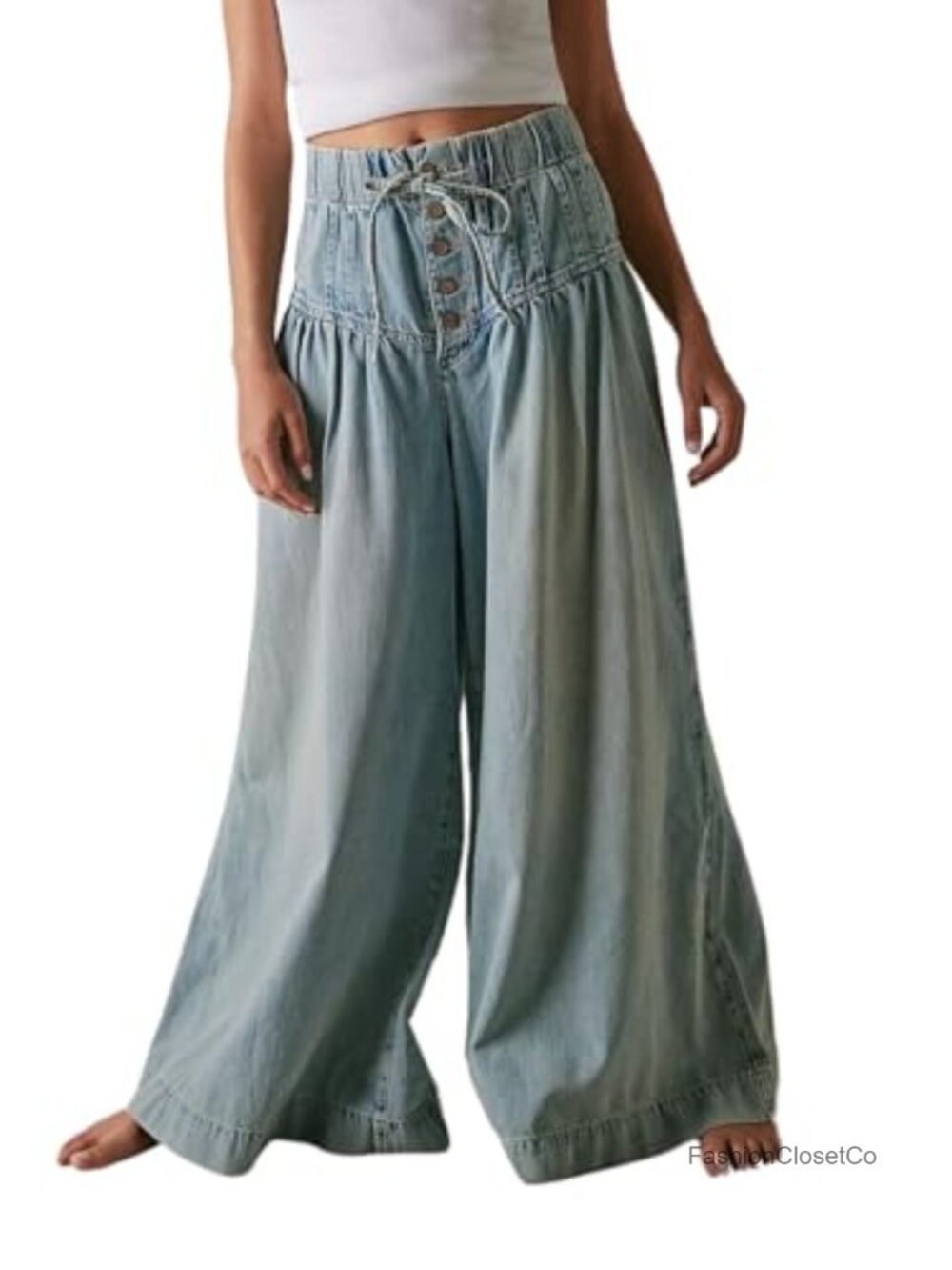 Baggy Wide Leg Jeans with Drawstring, Pleated Front, Flare Denim Pants, 100%